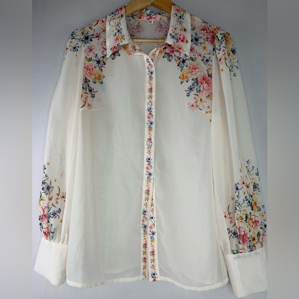 Pre- Owned Floral Sheer Blouse - Cream - Picture 7 of 8